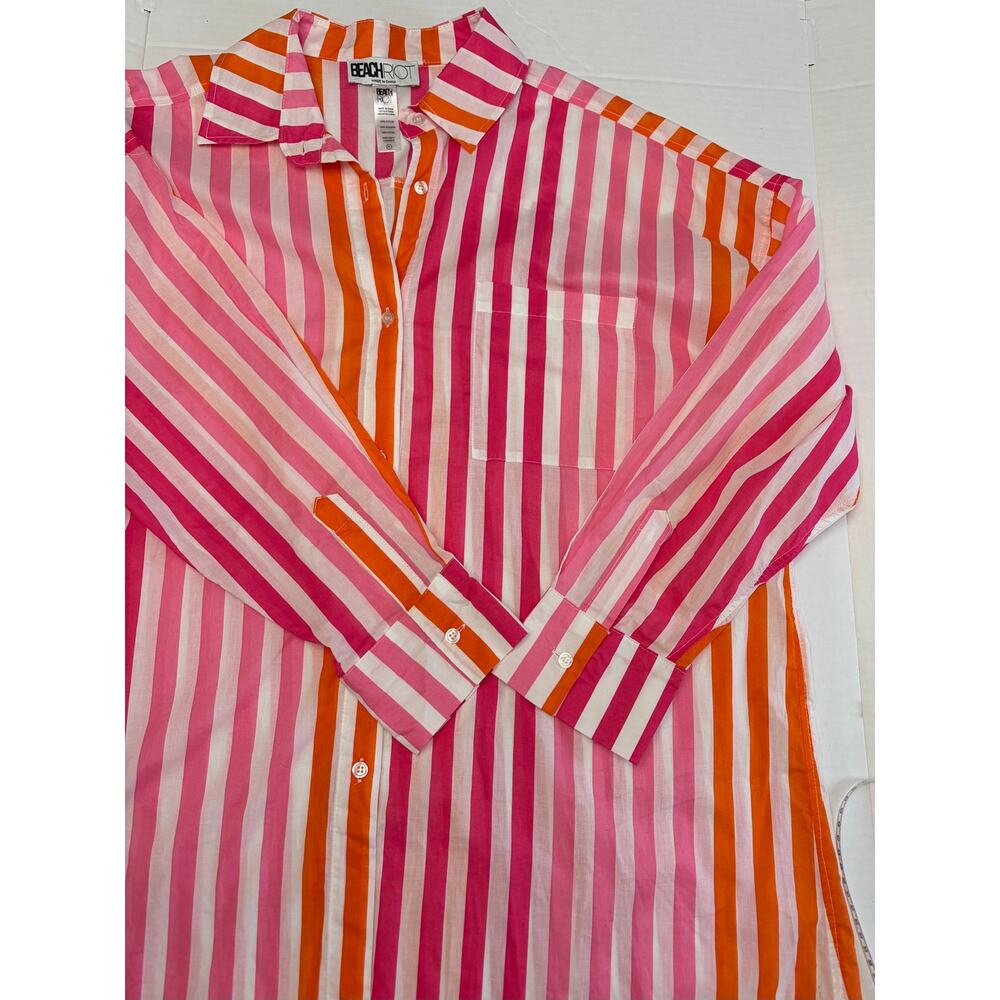 BEACH RIOT Alexa Orange and Pink Stripe Long Sleeve Cotton Shirt Beach Cover PL
